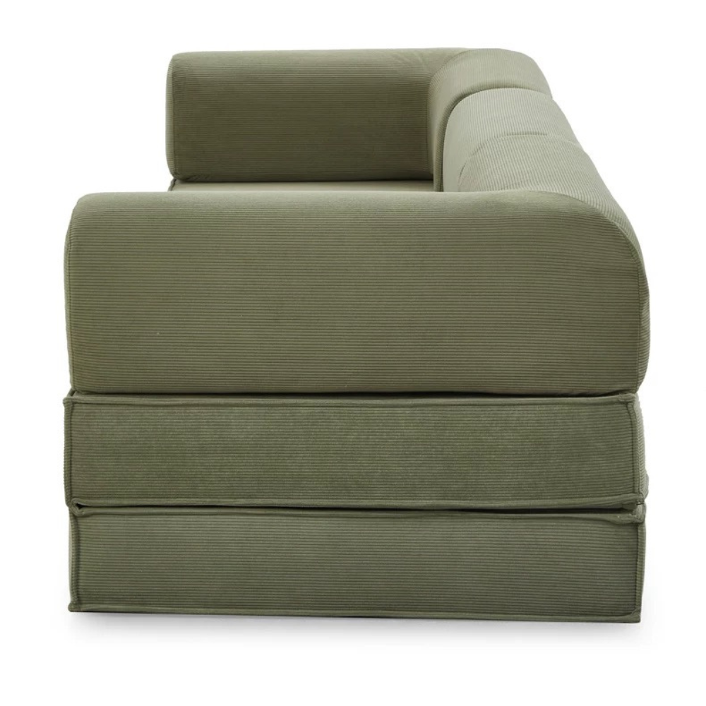 Compressed corduroy modular sofa bed in green, free color customization, deep seating sofa beds, space-saving modular couch, 2025 furniture trend.