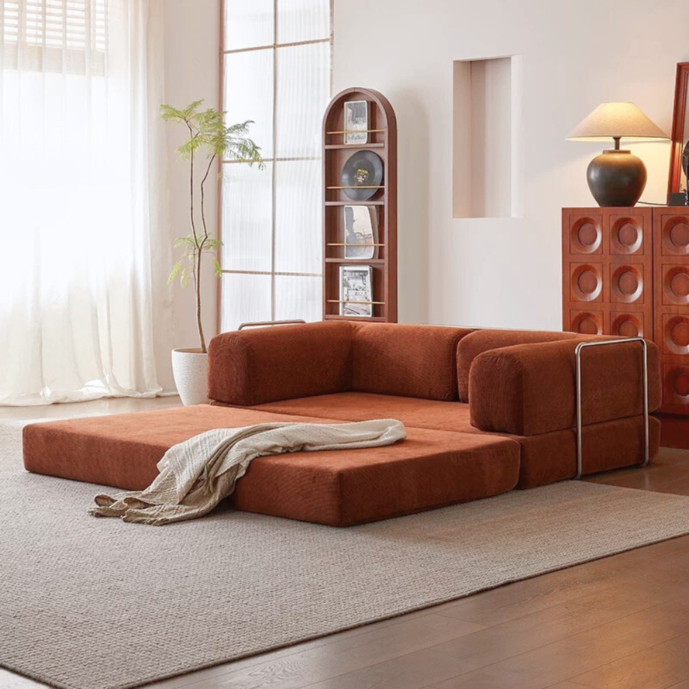 Fully compressed lamb wool sectional sofa bed in brown corduroy, modular and space‑saving design, deep‑seating sofa bed, free color customization, 2025 trend.