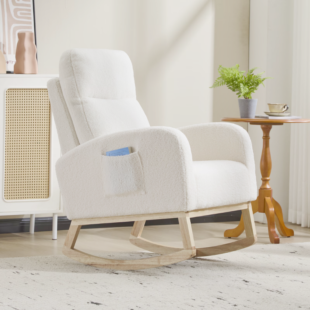 High‑back teddy fabric rocking chair with solid wood base and side pocket, ideal for nursery, reading or relaxing.
