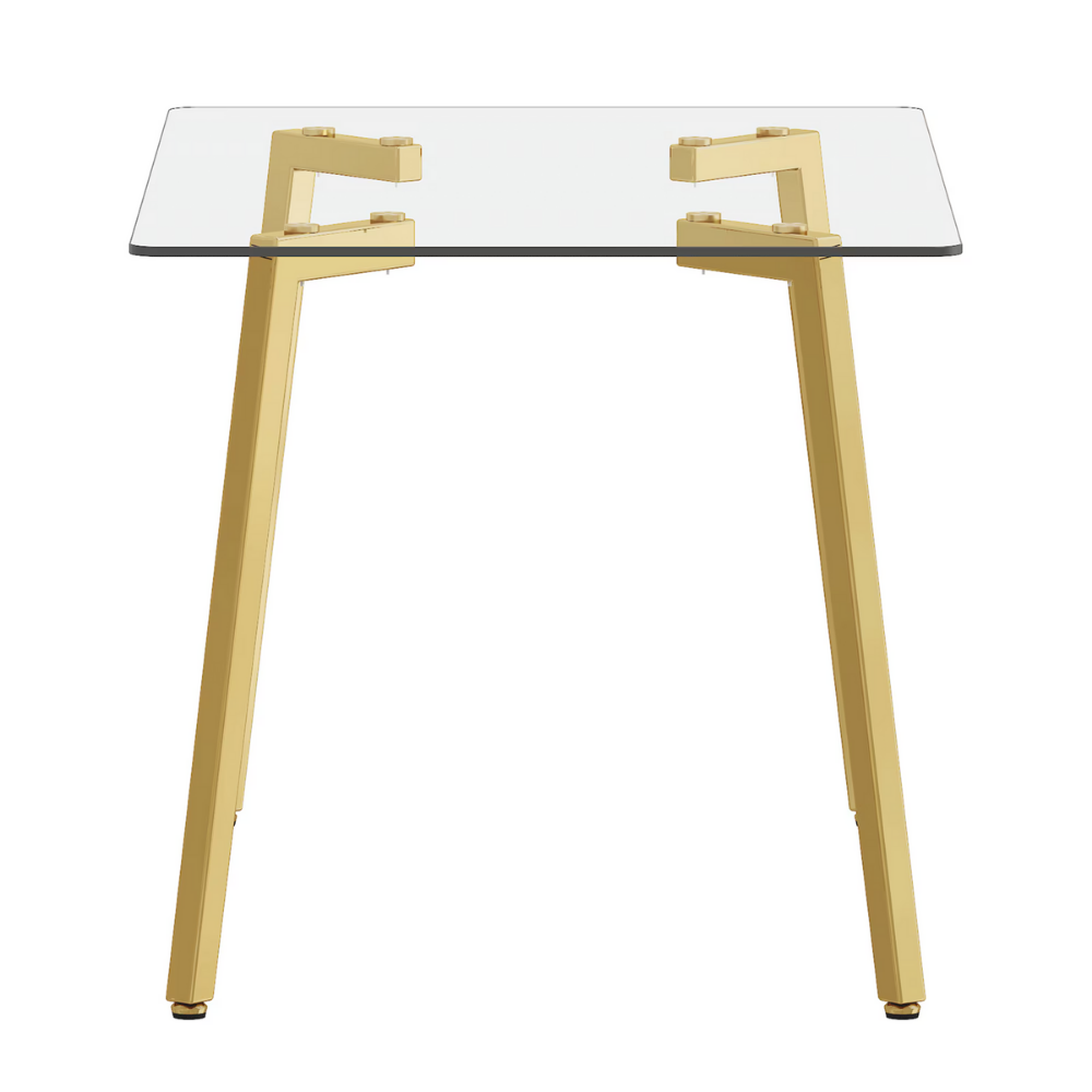 Modern glass dining table with clear tempered top and Z‑shaped metal legs in silver or gold, sleek minimalist design, easy clean, space‑saving.