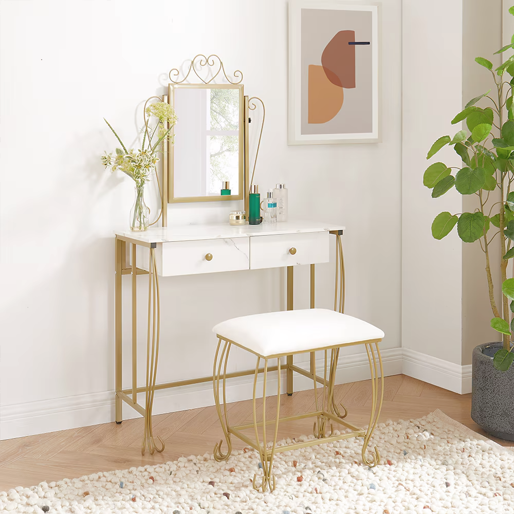 Elegant gold & white vanity desk with lighted mirror, dual drawers, cushioned stool—perfect for a glam makeup routine and chic bedroom décor.