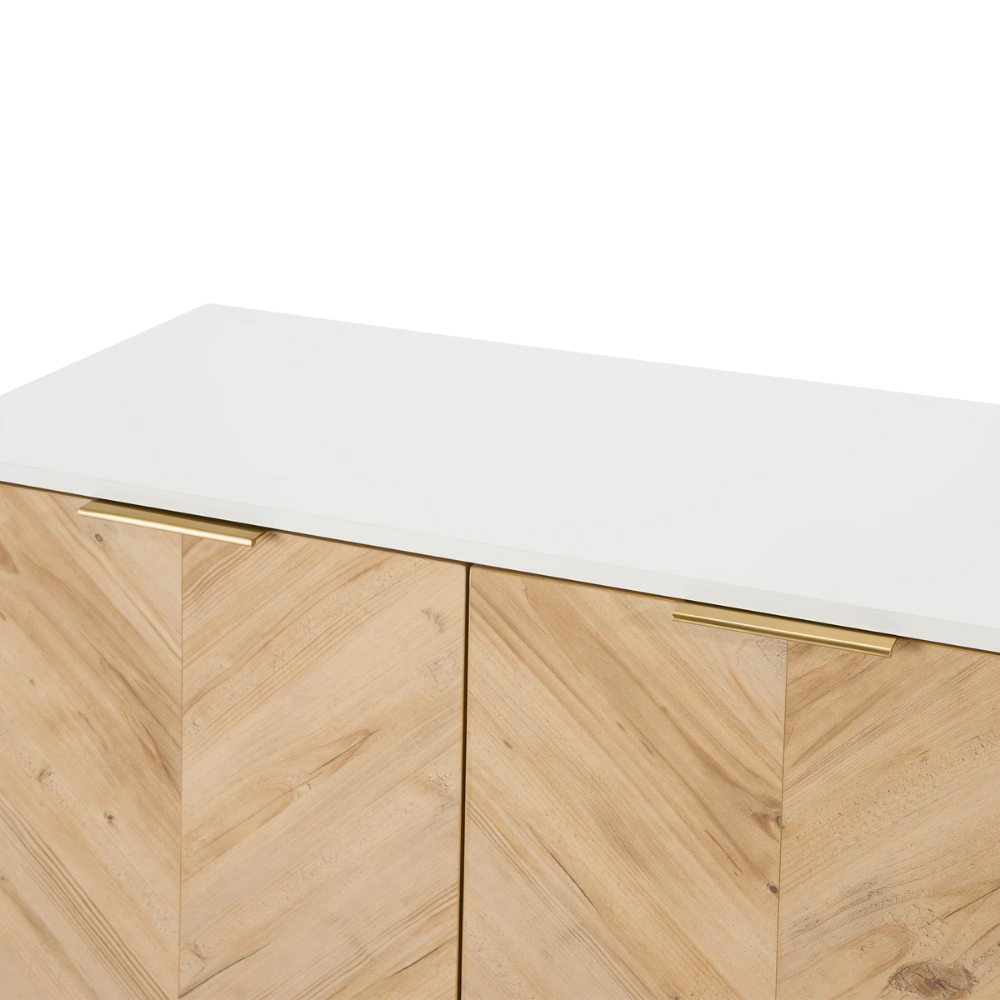 Modern white and gold herringbone pattern sideboard with adjustable storage and double doors for living room or entryway organization.
