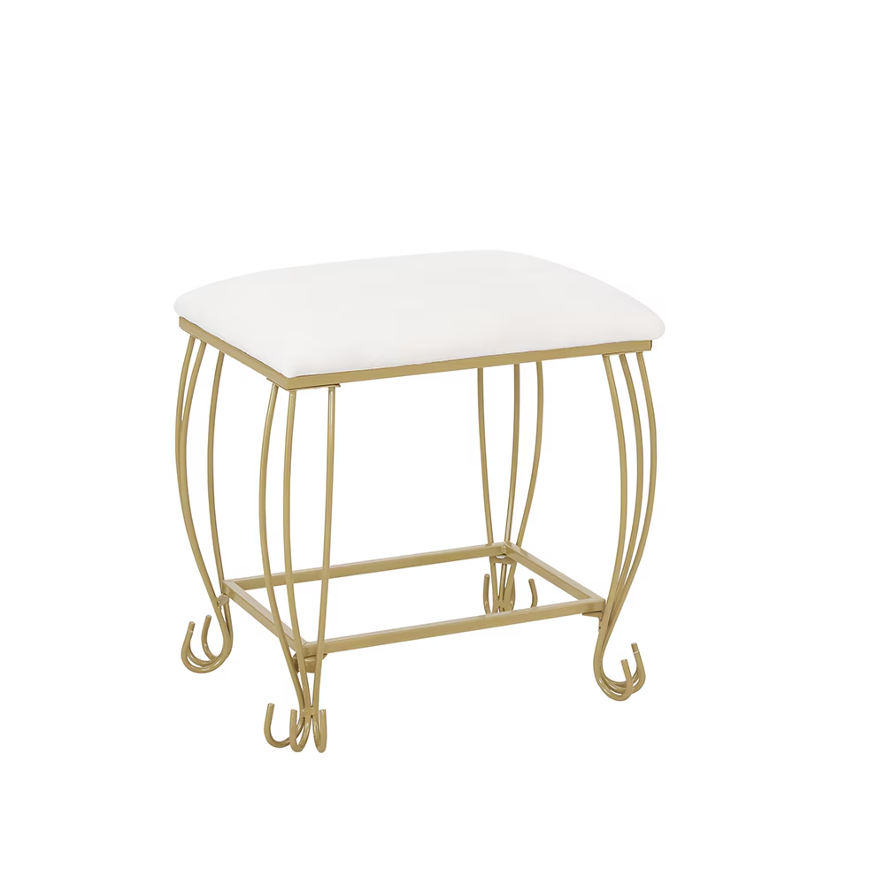 Elegant gold & white vanity desk with lighted mirror, dual drawers, cushioned stool—perfect for a glam makeup routine and chic bedroom décor.