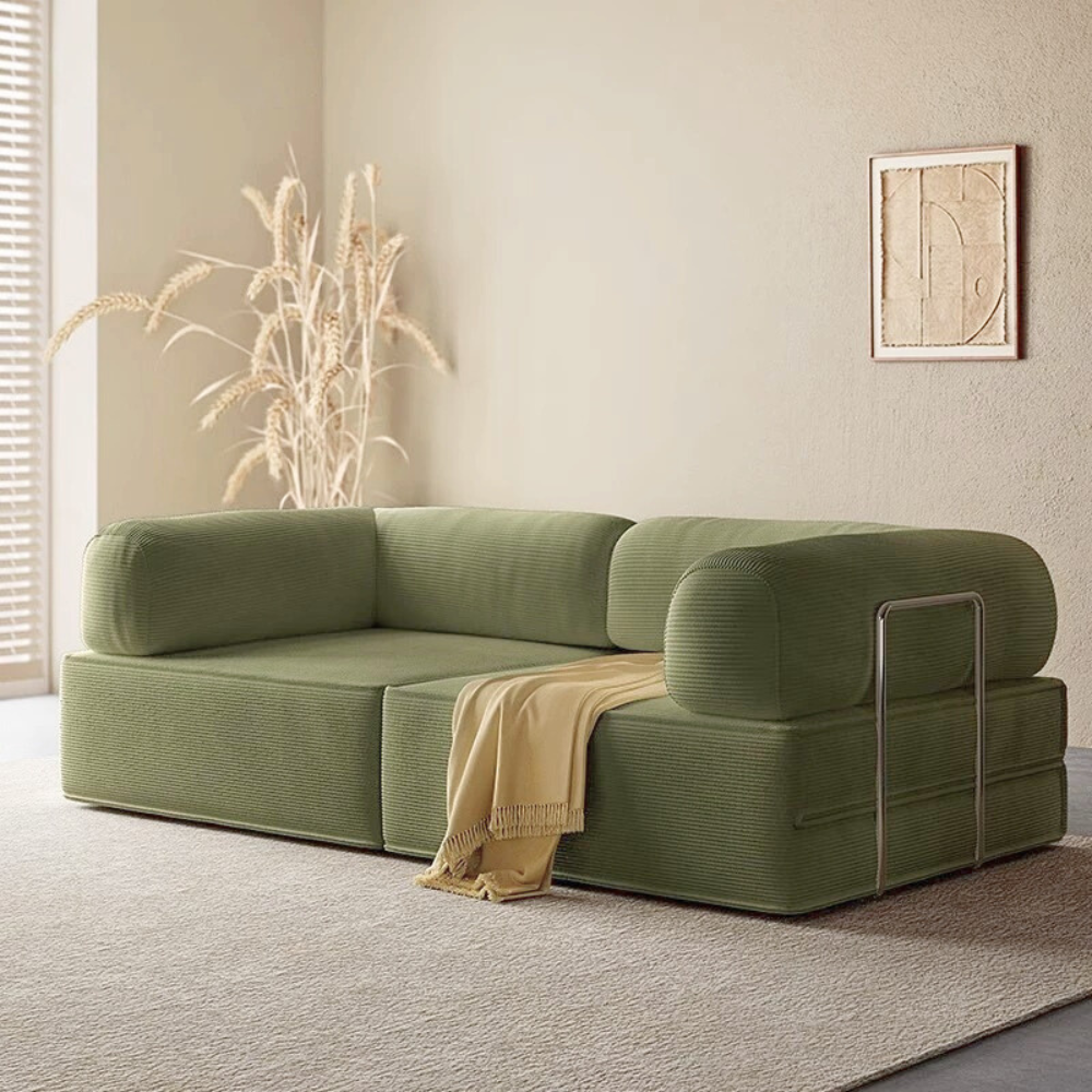 Compressed corduroy modular sofa bed in green, free color customization, deep seating sofa beds, space-saving modular couch, 2025 furniture trend.
