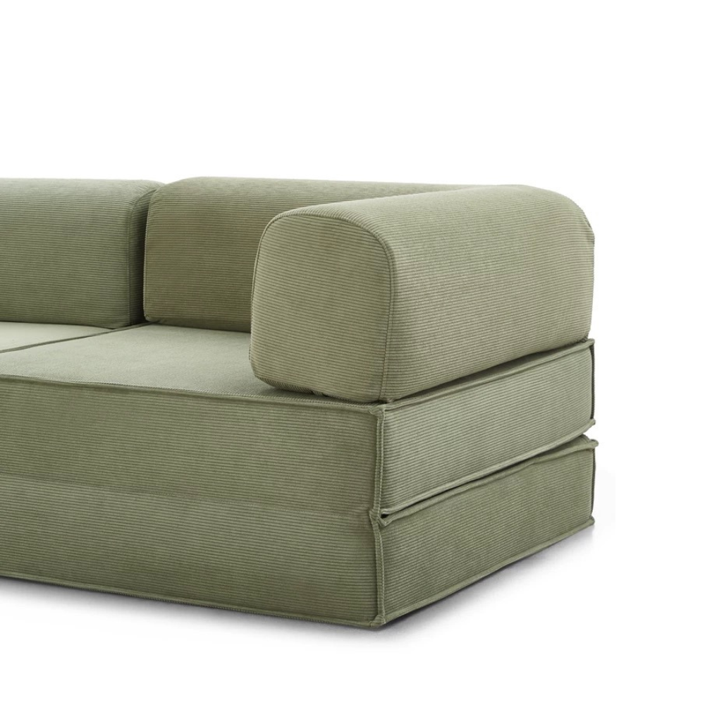 Compressed corduroy modular sofa bed in green, free color customization, deep seating sofa beds, space-saving modular couch, 2025 furniture trend.