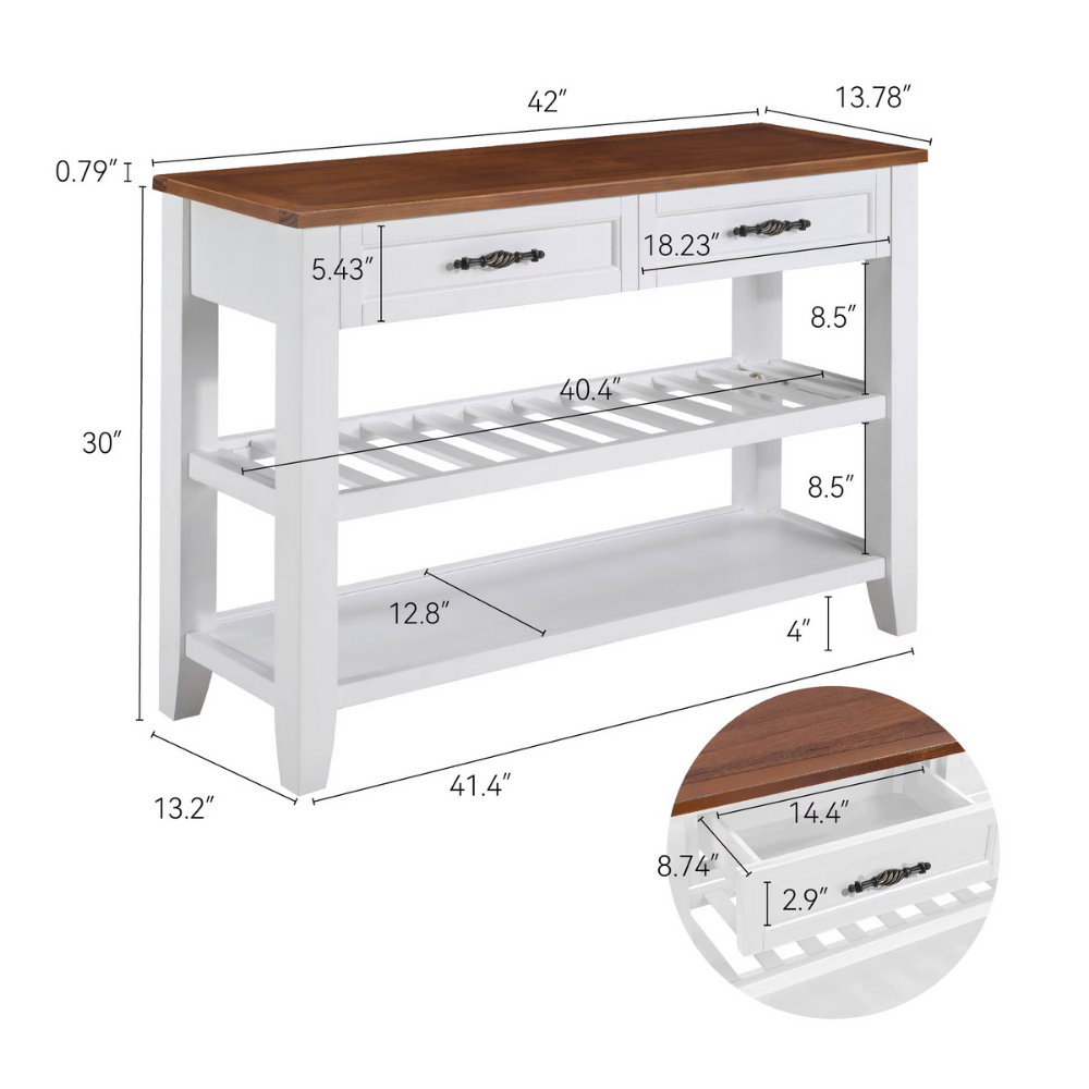 Retro pine console table—vintage charm with two drawers and open shelves. Solid pine/plywood, entryway-friendly, storage-savvy, easy assembly.