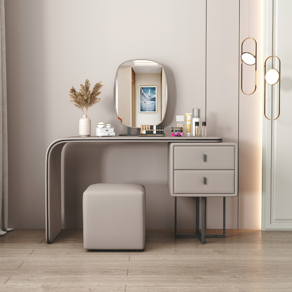 Elegant handleless oval mirror vanity dressing table with soft tones and curved edges, available in multiple sizes and colors for bedroom or closet.