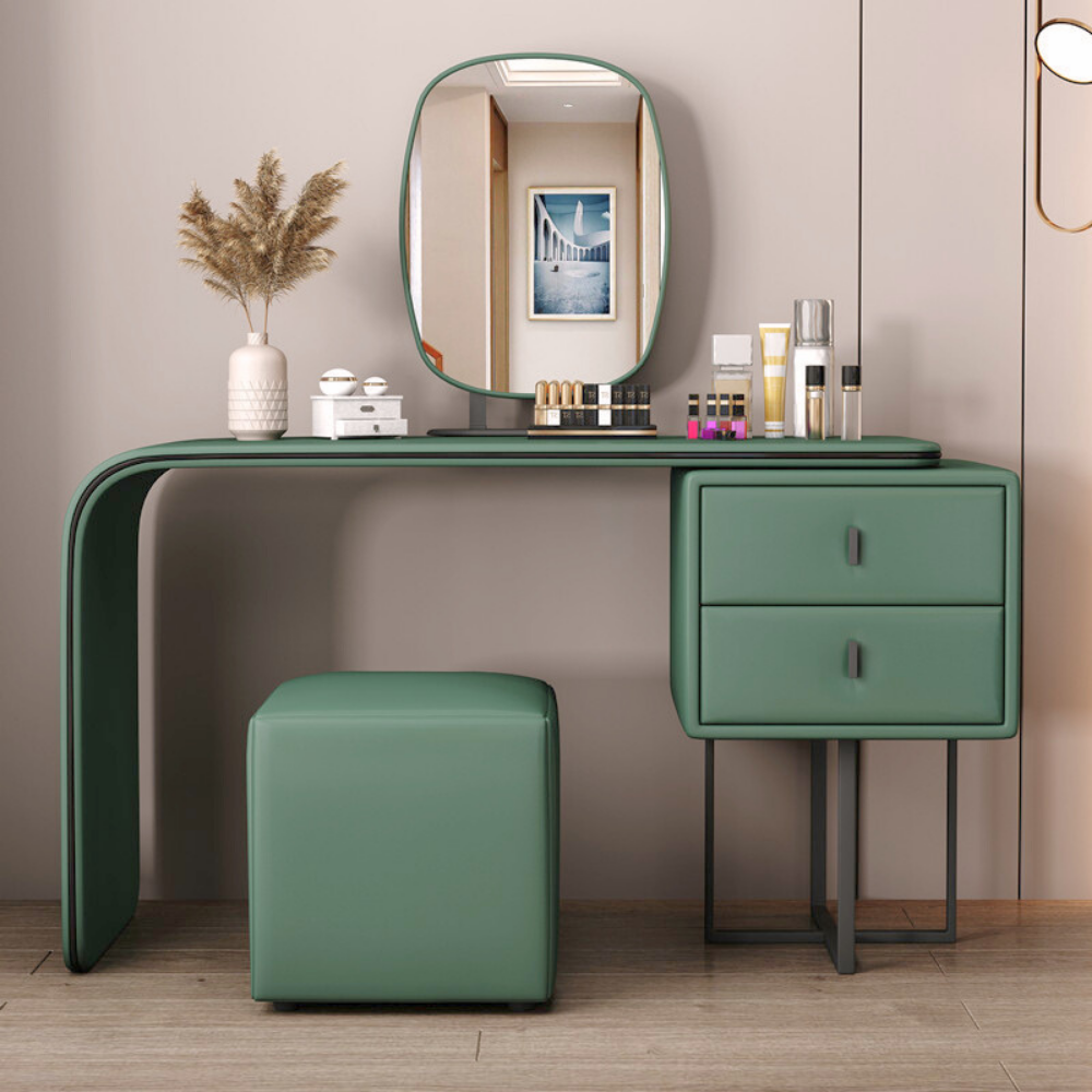 Elegant handleless oval mirror vanity dressing table with soft tones and curved edges, available in multiple sizes and colors for bedroom or closet.