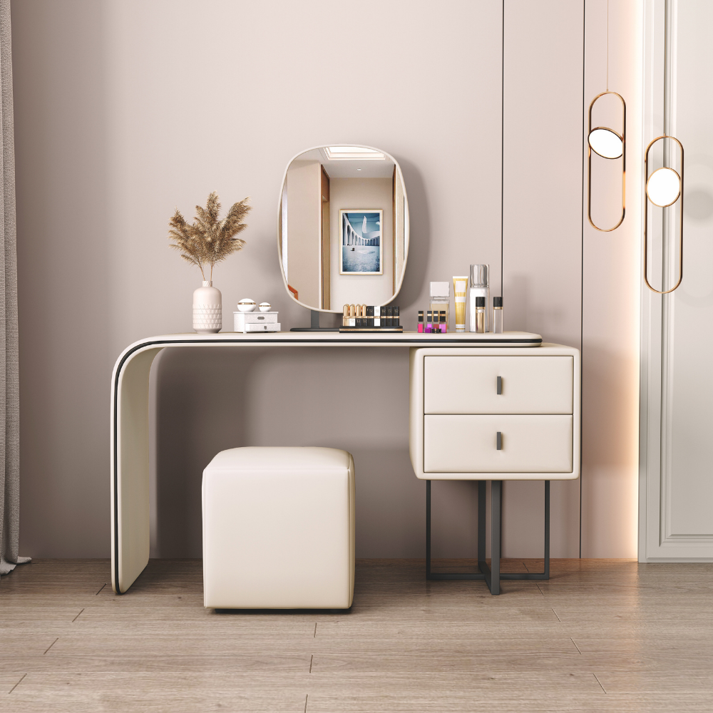 Elegant handleless oval mirror vanity dressing table with soft tones and curved edges, available in multiple sizes and colors for bedroom or closet.