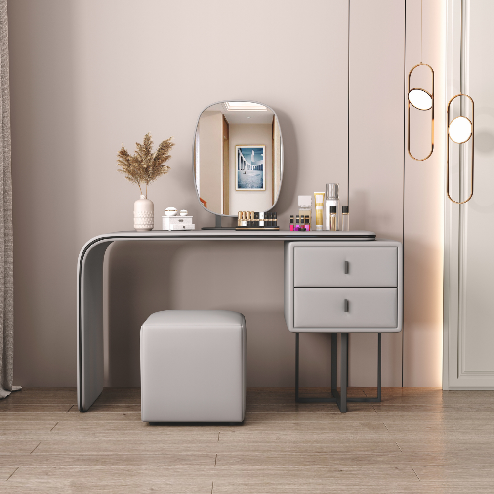 Elegant handleless oval mirror vanity dressing table with soft tones and curved edges, available in multiple sizes and colors for bedroom or closet.