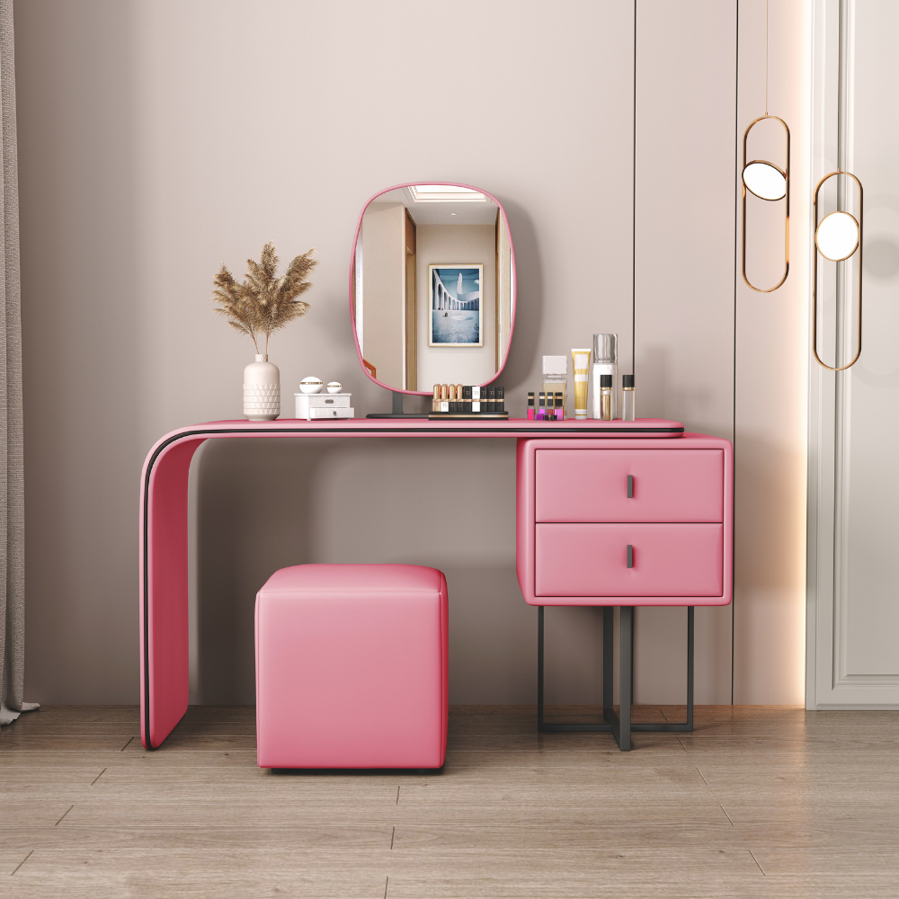 Elegant handleless oval mirror vanity dressing table with soft tones and curved edges, available in multiple sizes and colors for bedroom or closet.