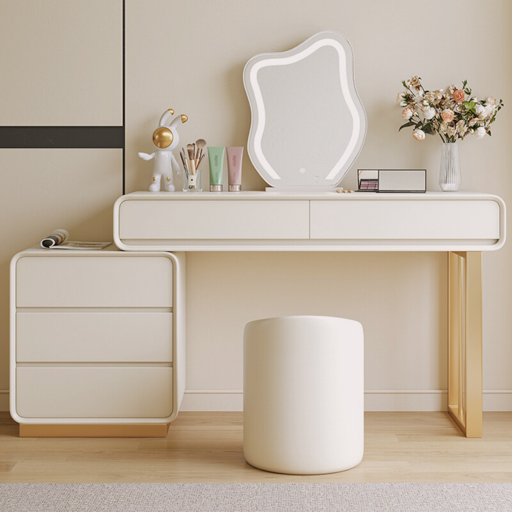 Hidden drawer cloud mirror vanity dressing table with round mirror and stool.