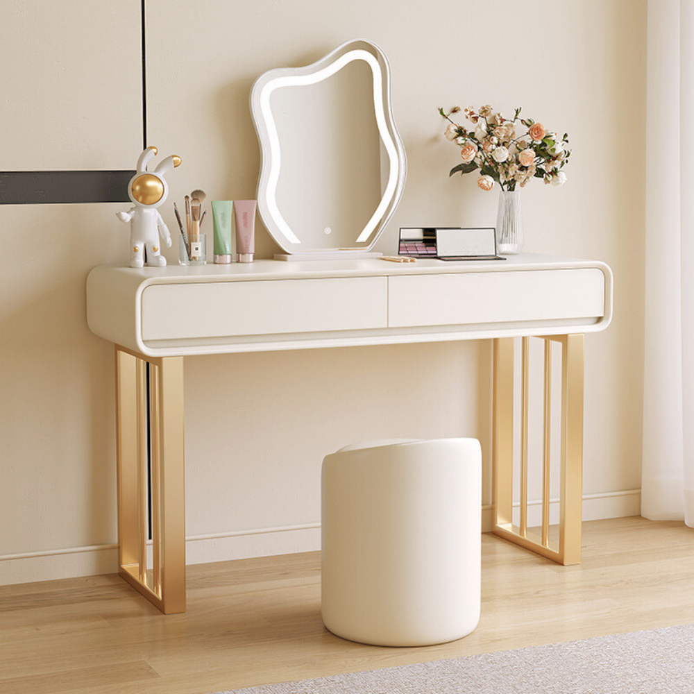 Hidden drawer cloud mirror vanity dressing table with round mirror and stool.