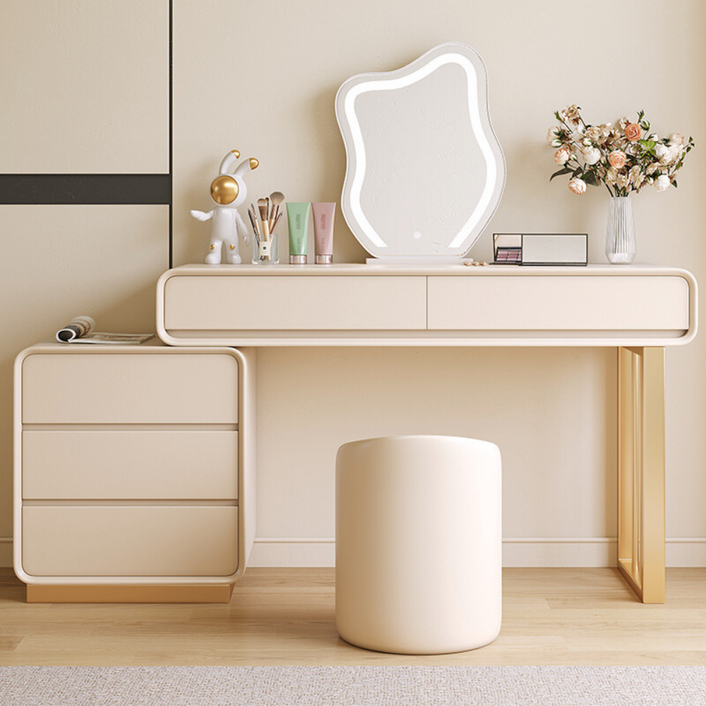 Hidden drawer cloud mirror vanity dressing table with round mirror and stool.