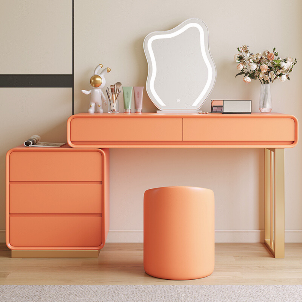 Hidden drawer cloud mirror vanity dressing table with round mirror and stool.