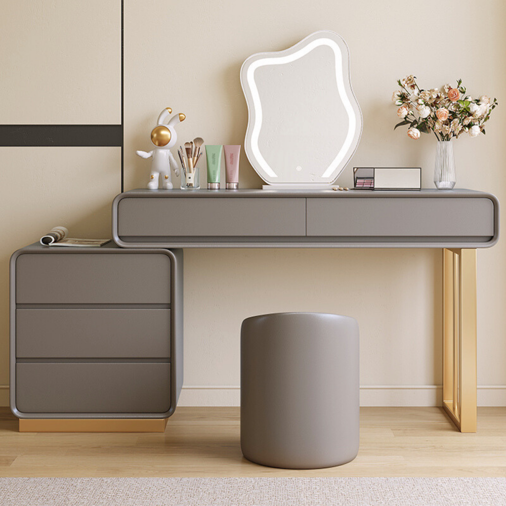 Hidden drawer cloud mirror vanity dressing table with round mirror and stool.