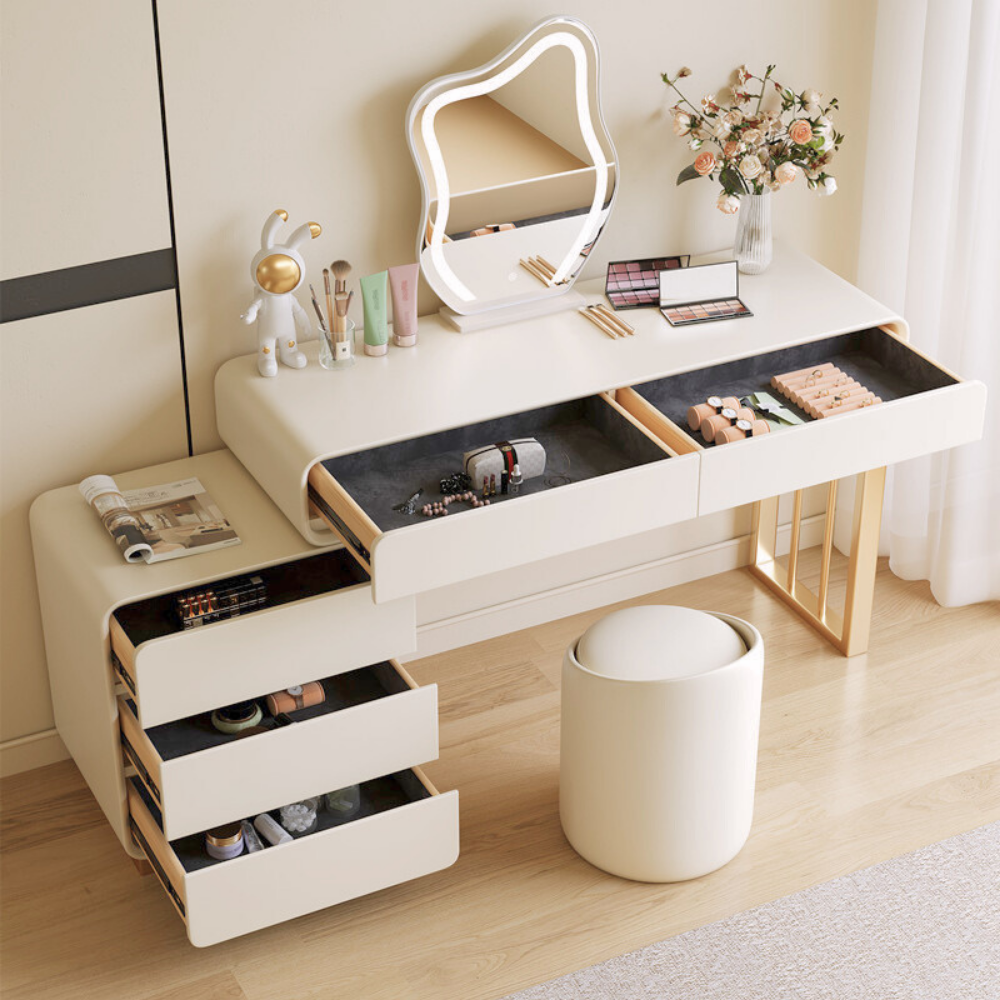 Hidden drawer cloud mirror vanity dressing table with round mirror and stool.