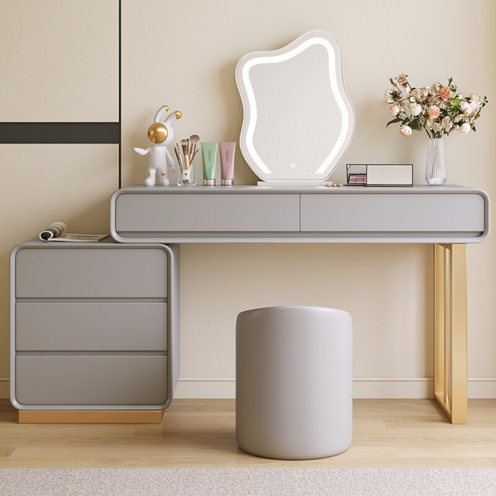 Hidden drawer cloud mirror vanity dressing table with round mirror and stool.