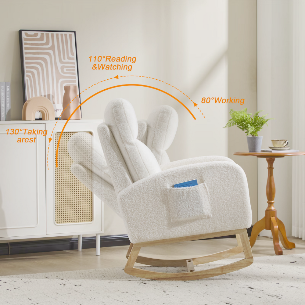 High‑back teddy fabric rocking chair with solid wood base and side pocket, ideal for nursery, reading or relaxing.