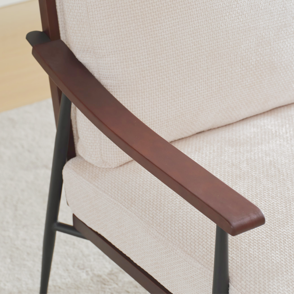Modern linen fabric arm chair with wooden armrests and metal frame, perfect for living room décor.