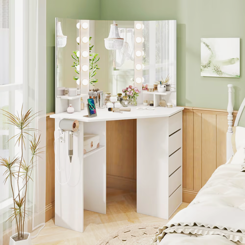 Hollywood‑inspired corner vanity desk with LED mirror, power outlets, drawers and hairdryer rack.