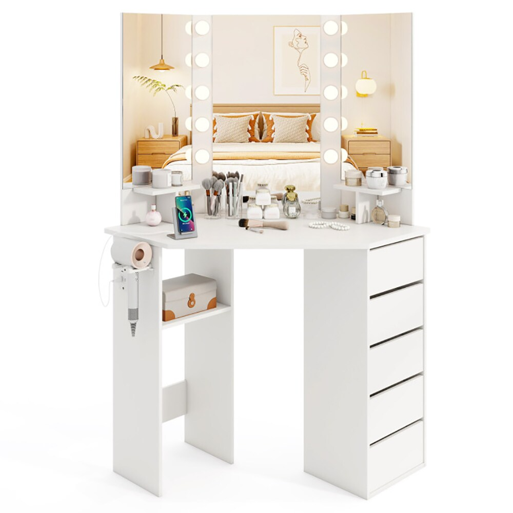 Hollywood‑inspired corner vanity desk with LED mirror, power outlets, drawers and hairdryer rack.