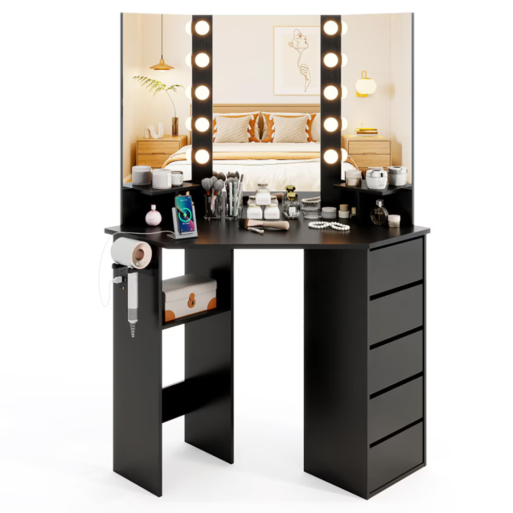 Hollywood‑inspired corner vanity desk with LED mirror, power outlets, drawers and hairdryer rack.