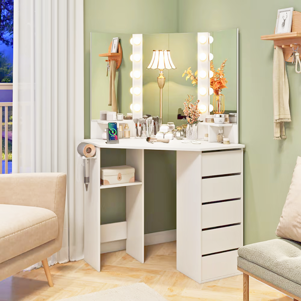 Hollywood‑inspired corner vanity desk with LED mirror, power outlets, drawers and hairdryer rack.