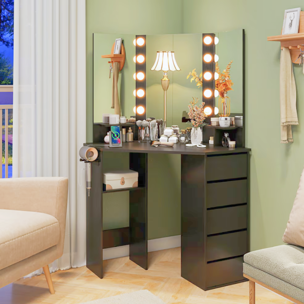 Hollywood‑inspired corner vanity desk with LED mirror, power outlets, drawers and hairdryer rack.