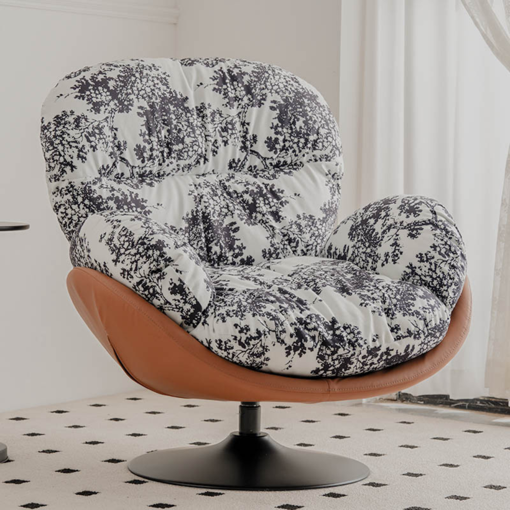 Homiyu Ink Blossom Lounge Chair – choose chenille or faux‑suede upholstery, round or cross‑leg base. Spacious, artistic design for cozy reading corners.