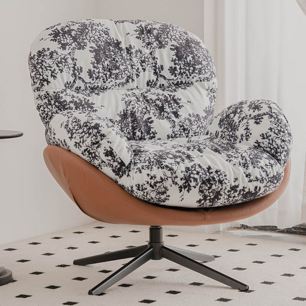 Homiyu Ink Blossom Lounge Chair – choose chenille or faux‑suede upholstery, round or cross‑leg base. Spacious, artistic design for cozy reading corners.