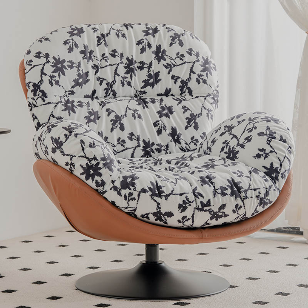 Homiyu Ink Blossom Lounge Chair – choose chenille or faux‑suede upholstery, round or cross‑leg base. Spacious, artistic design for cozy reading corners.