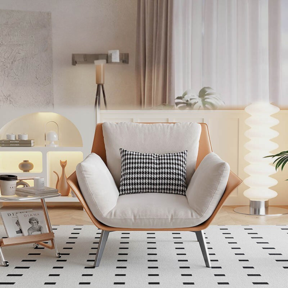 Homiyu modern wide arm accent chair with included lumbar pillow, choice of linen or corduroy upholstery in customizable colors.