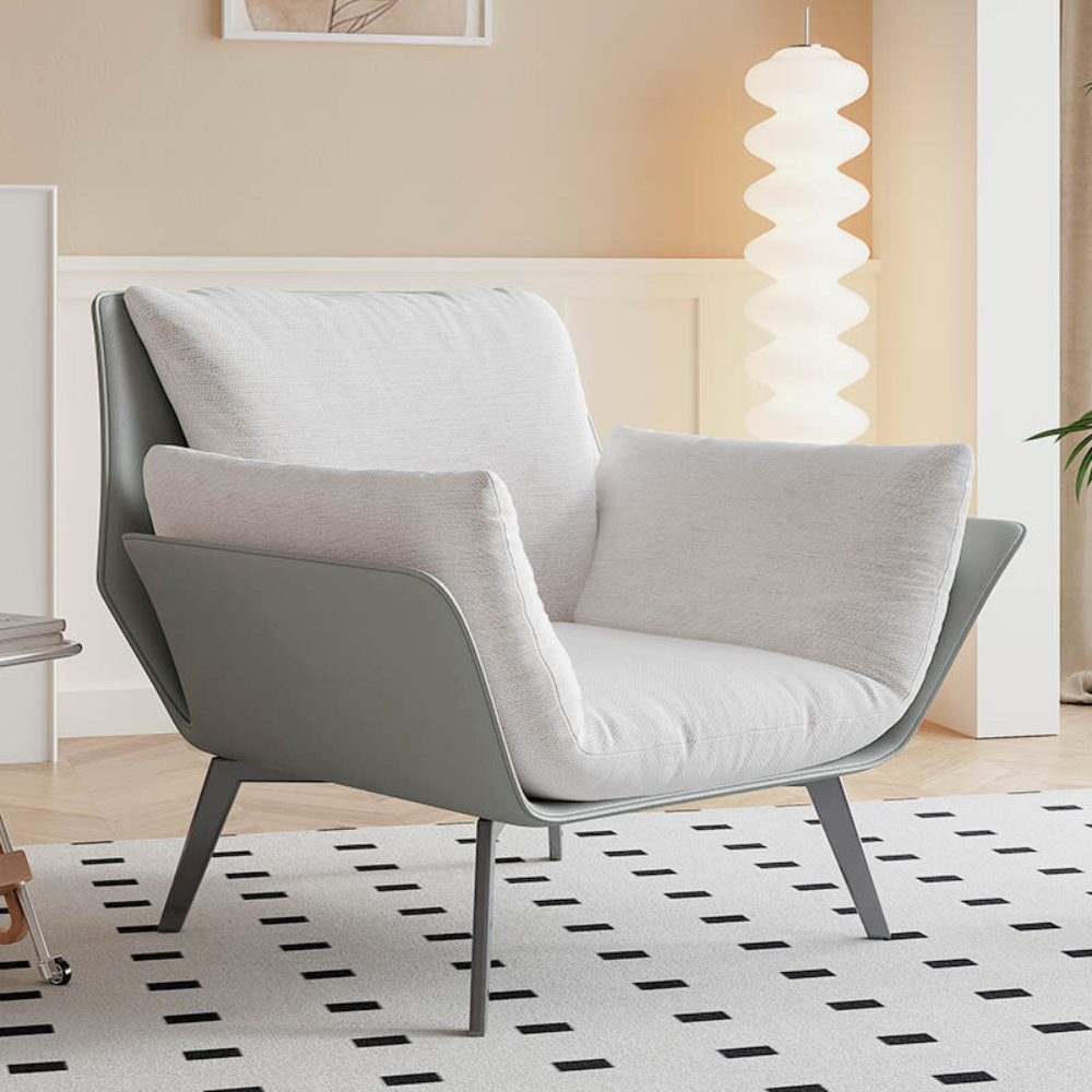 Homiyu modern wide arm accent chair with included lumbar pillow, choice of linen or corduroy upholstery in customizable colors.