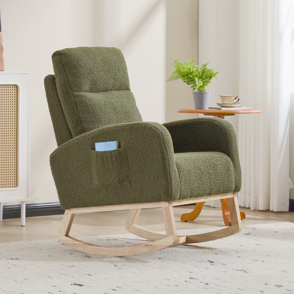 High‑back teddy fabric rocking chair with solid wood base and side pocket, ideal for nursery, reading or relaxing.