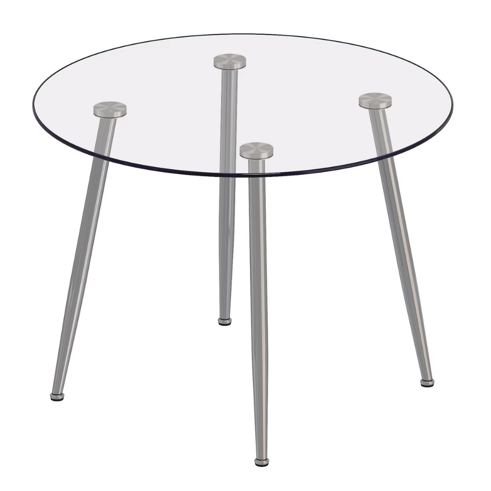 Modern round glass dining table with 39.7″ tempered glass top and slanted metal legs in silver or gold, minimalist space‑saving design, easy to clean.