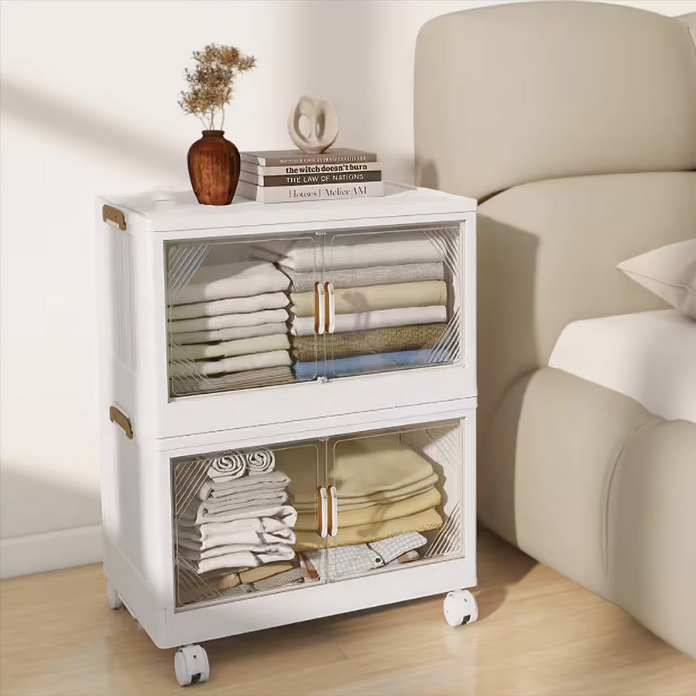 Foldable polypropylene storage box with clear swing doors, 3‑tier 21.6‑inch wide mobile organizer on wheels for clothes, toys or kitchen essentials.