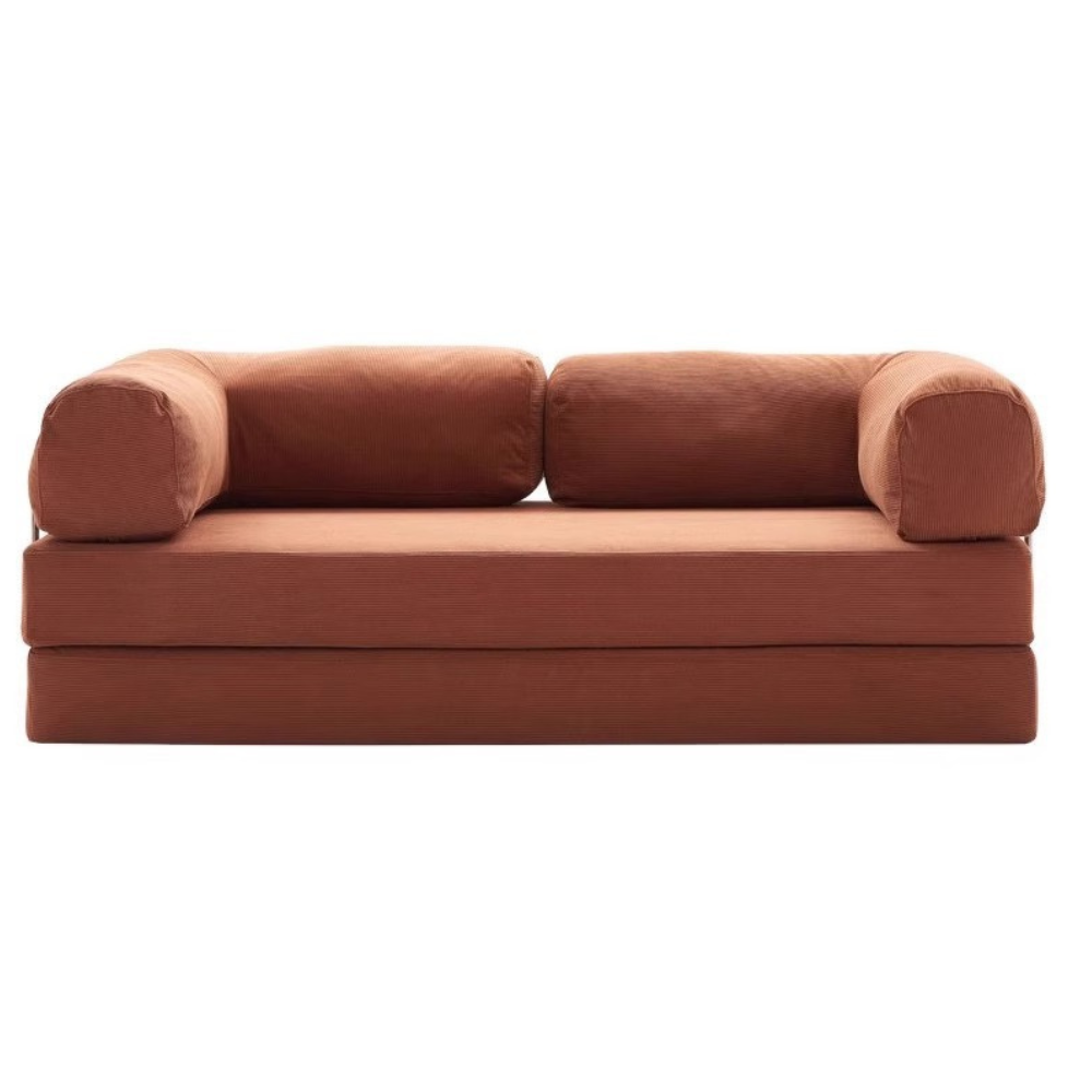 Fully compressed lamb wool sectional sofa bed in brown corduroy, modular and space‑saving design, deep‑seating sofa bed, free color customization, 2025 trend.