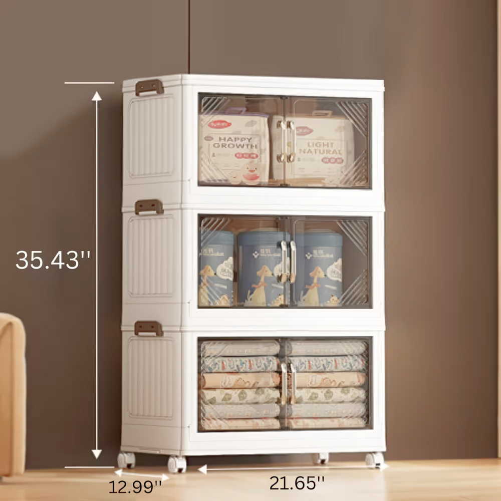 Foldable polypropylene storage box with clear swing doors, 3‑tier 21.6‑inch wide mobile organizer on wheels for clothes, toys or kitchen essentials.