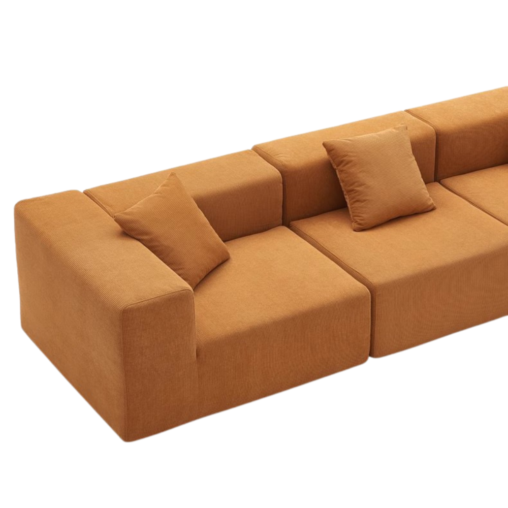 Fully Compressed Large Sofa modular sectional in corduroy or linen, earthy tone, modern minimalist design, deep seating, versatile layout, close-up of texture and stitching