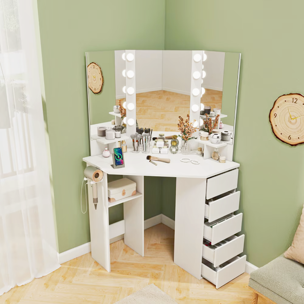 Hollywood‑inspired corner vanity desk with LED mirror, power outlets, drawers and hairdryer rack.