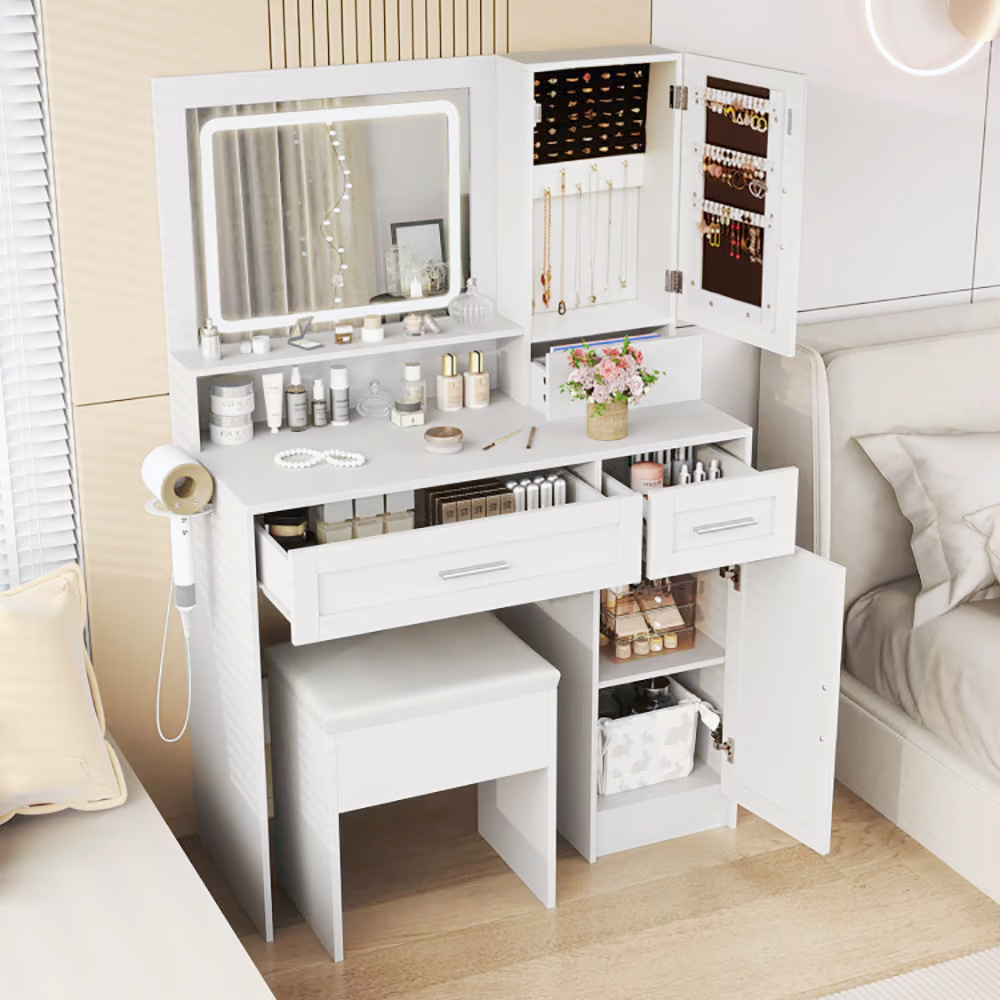 White LED lighted makeup vanity table set with mirror, drawers, stool, and built‑in charging ports