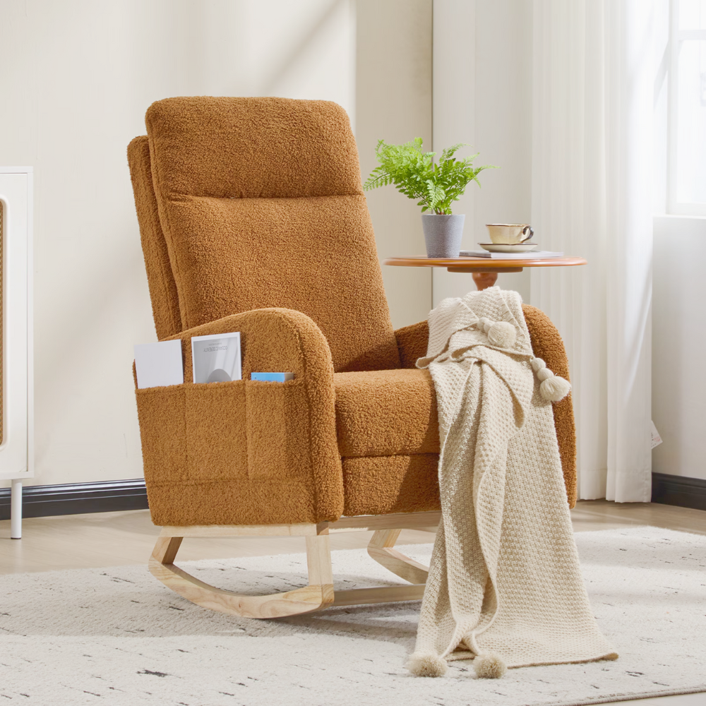 High‑back teddy fabric rocking chair with solid wood base and side pocket, ideal for nursery, reading or relaxing.