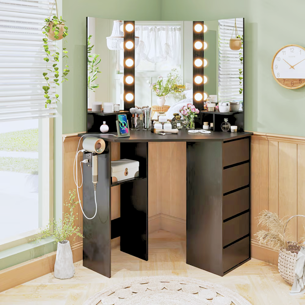 Hollywood‑inspired corner vanity desk with LED mirror, power outlets, drawers and hairdryer rack.