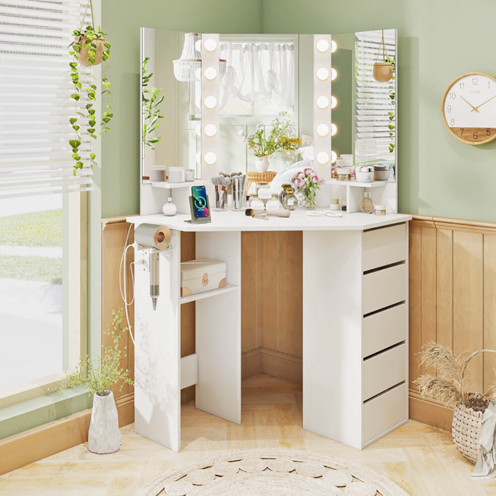 Hollywood‑inspired corner vanity desk with LED mirror, power outlets, drawers and hairdryer rack.