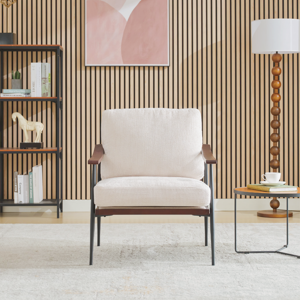 Modern linen fabric arm chair with wooden armrests and metal frame, perfect for living room décor.
