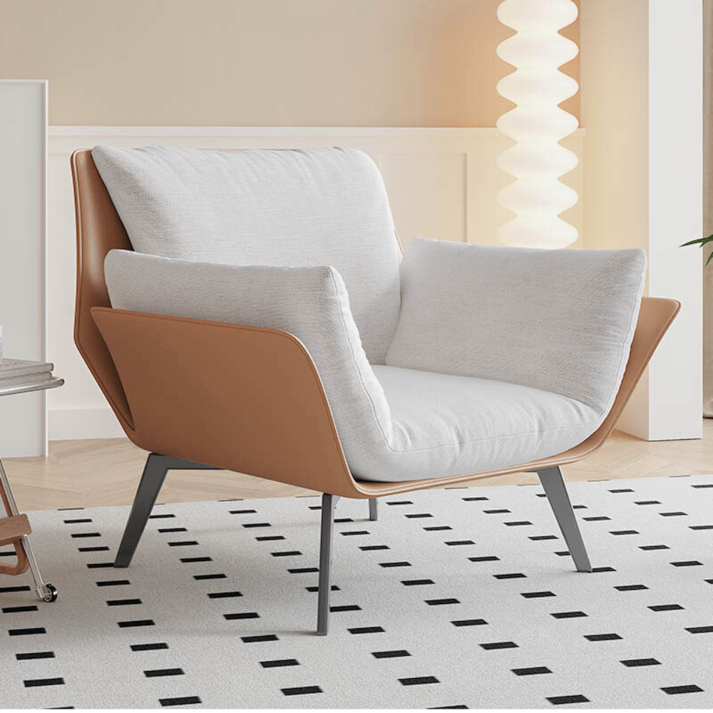 Homiyu modern wide arm accent chair with included lumbar pillow, choice of linen or corduroy upholstery in customizable colors.