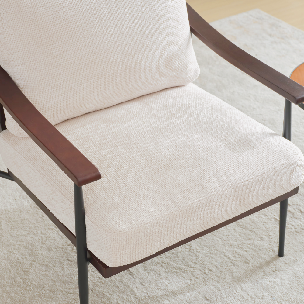 Modern linen fabric arm chair with wooden armrests and metal frame, perfect for living room décor.