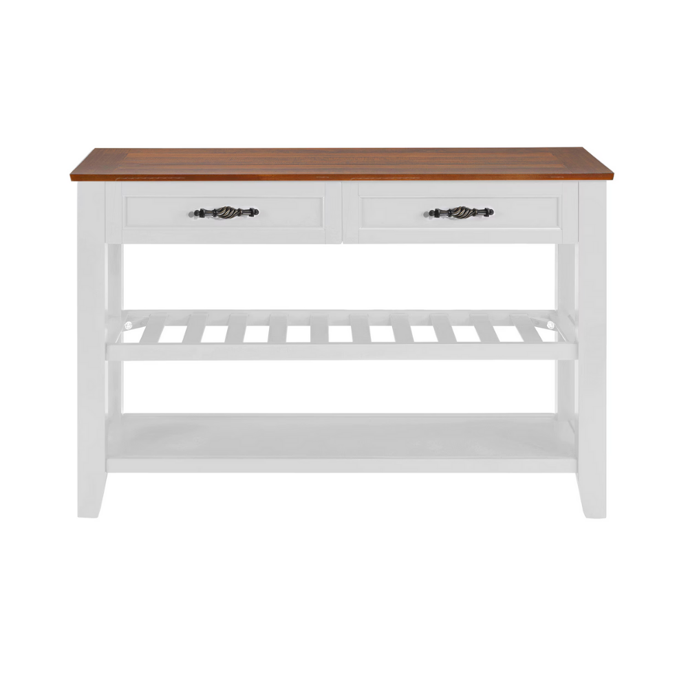 Retro pine console table—vintage charm with two drawers and open shelves. Solid pine/plywood, entryway-friendly, storage-savvy, easy assembly.