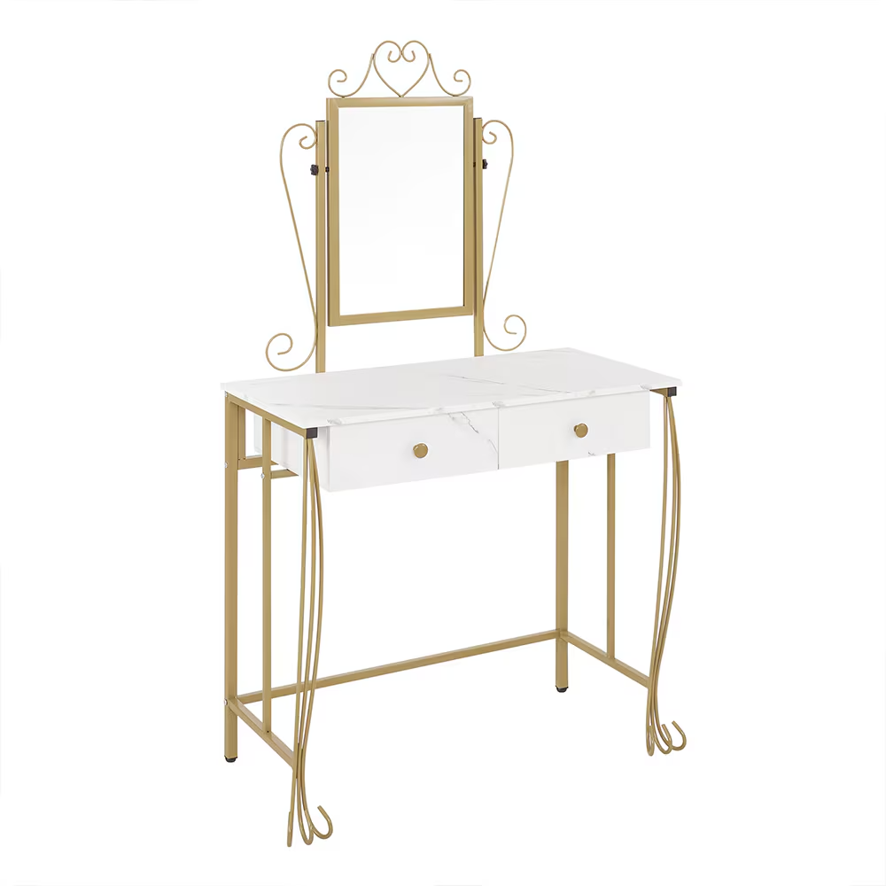 Elegant gold & white vanity desk with lighted mirror, dual drawers, cushioned stool—perfect for a glam makeup routine and chic bedroom décor.